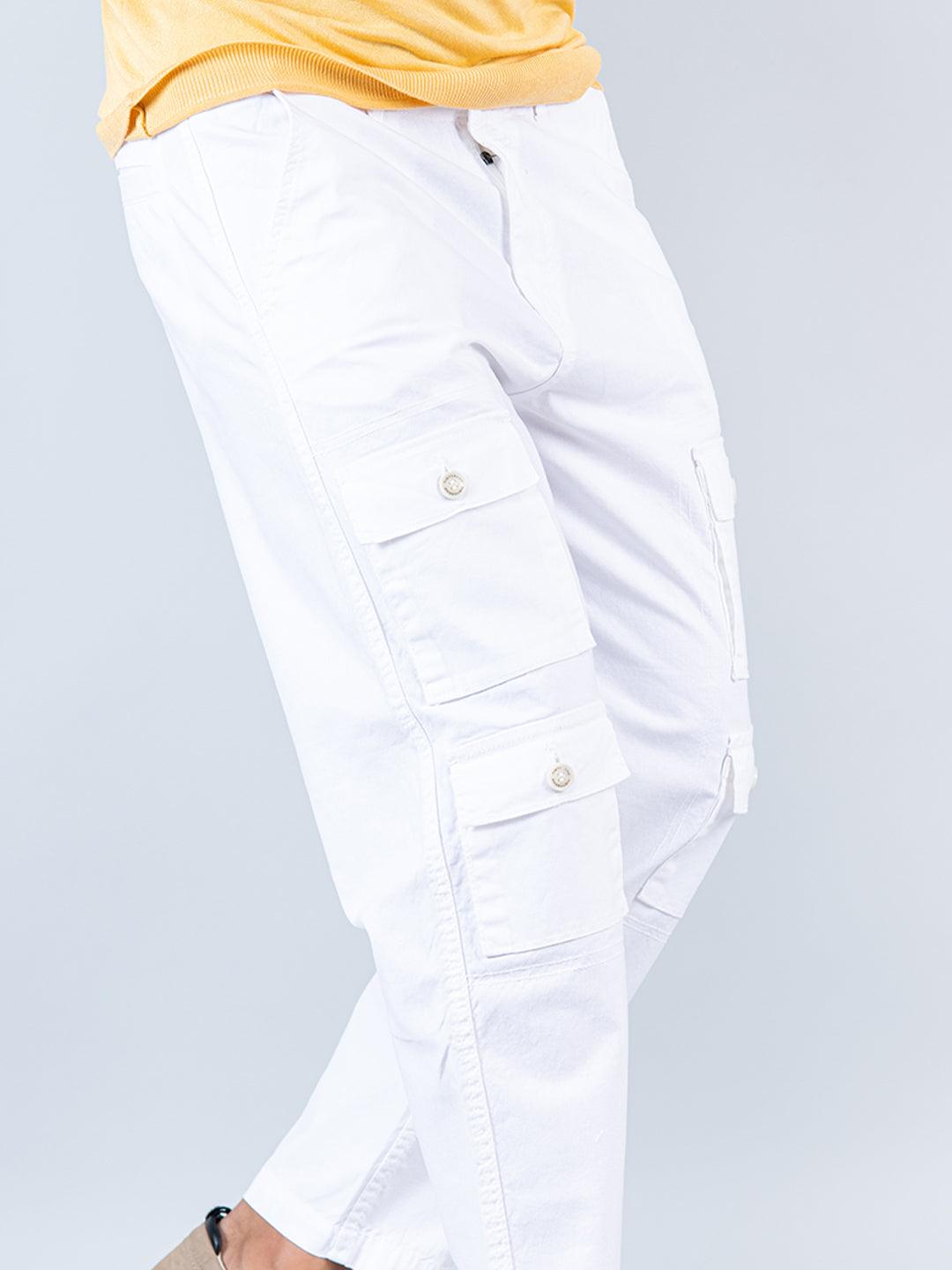 White Baggy Fit Linen Cargo Pants - Tistabene