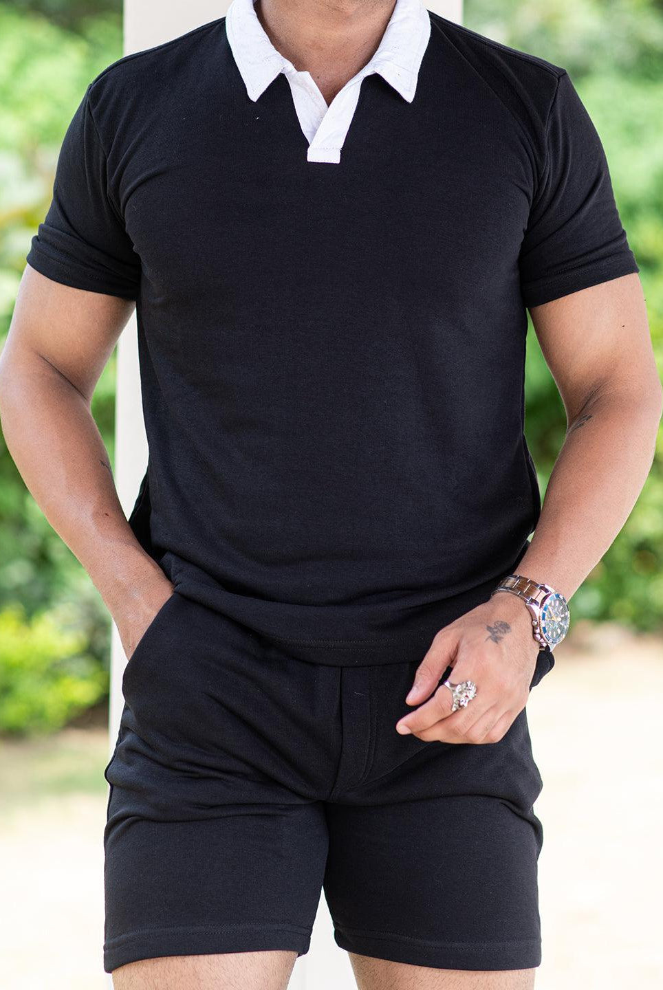 Solid Black Polo Neck T-shirt & Shorts Co-ord Set - Tistabene