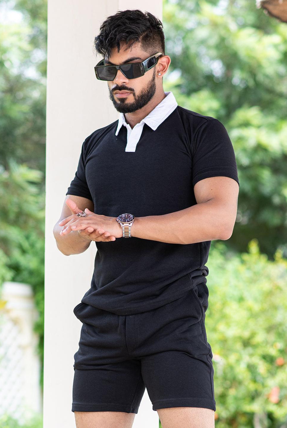 Solid Black Polo Neck T-shirt & Shorts Co-ord Set - Tistabene