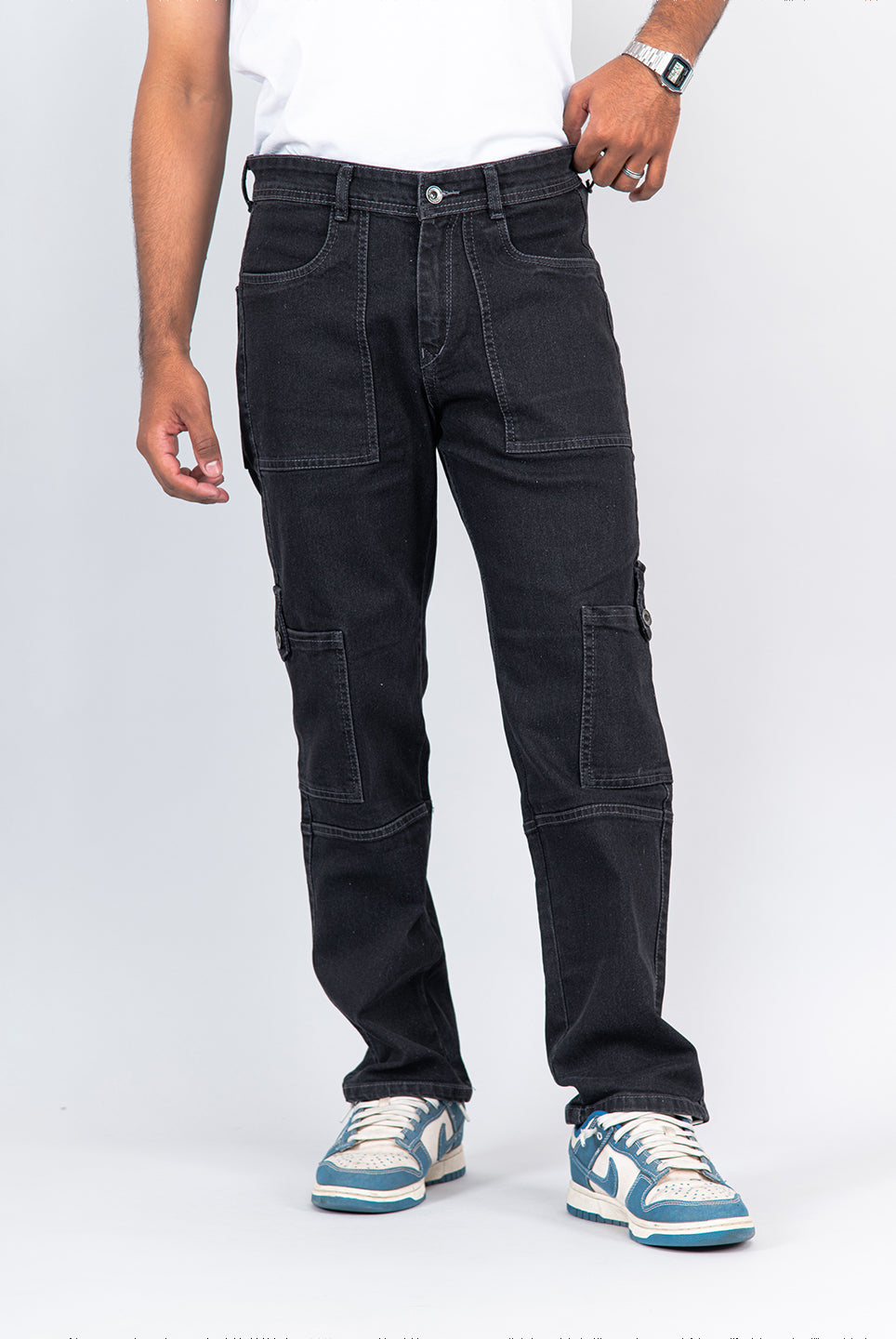 carbon black comfort fit cargo denim jeans
