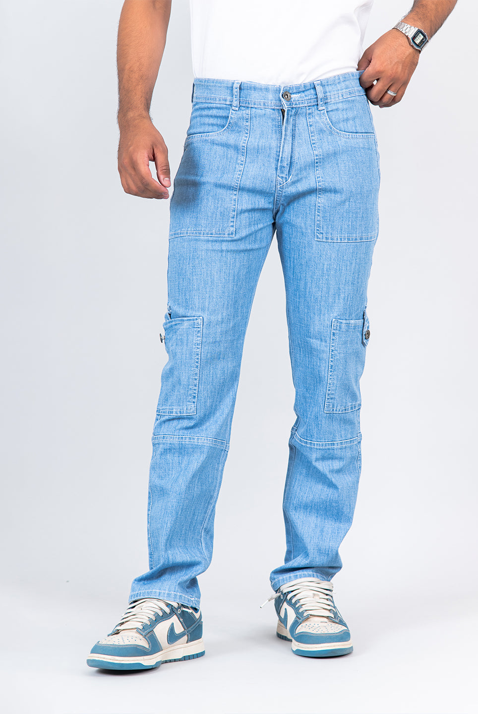 light blue comfort fit cargo denim jeans