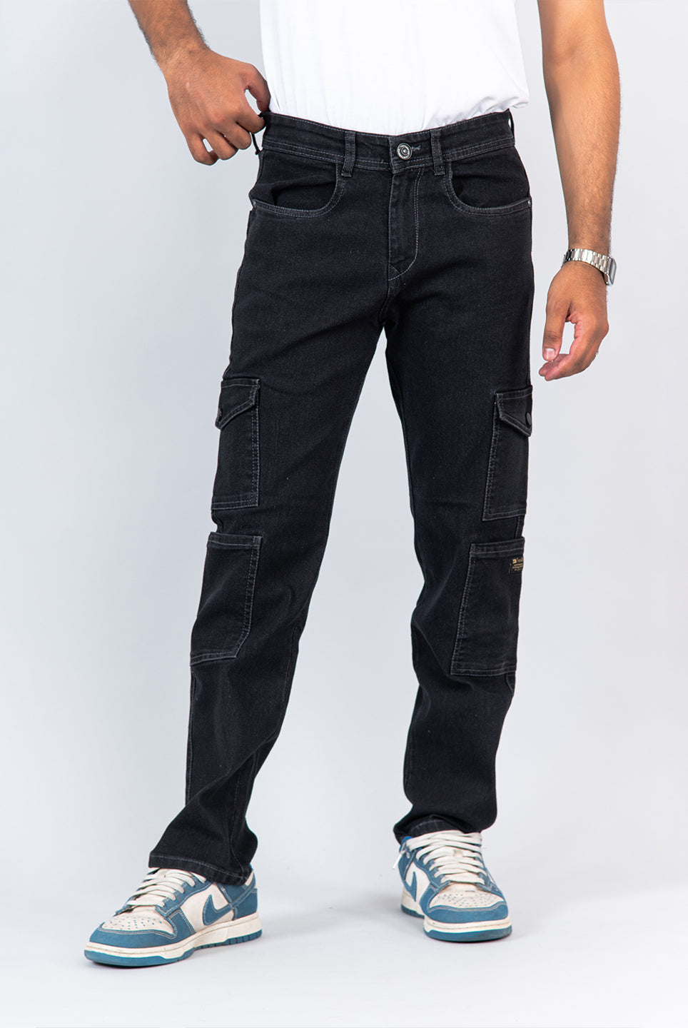 carbon black baggy fit cargo denim jeans