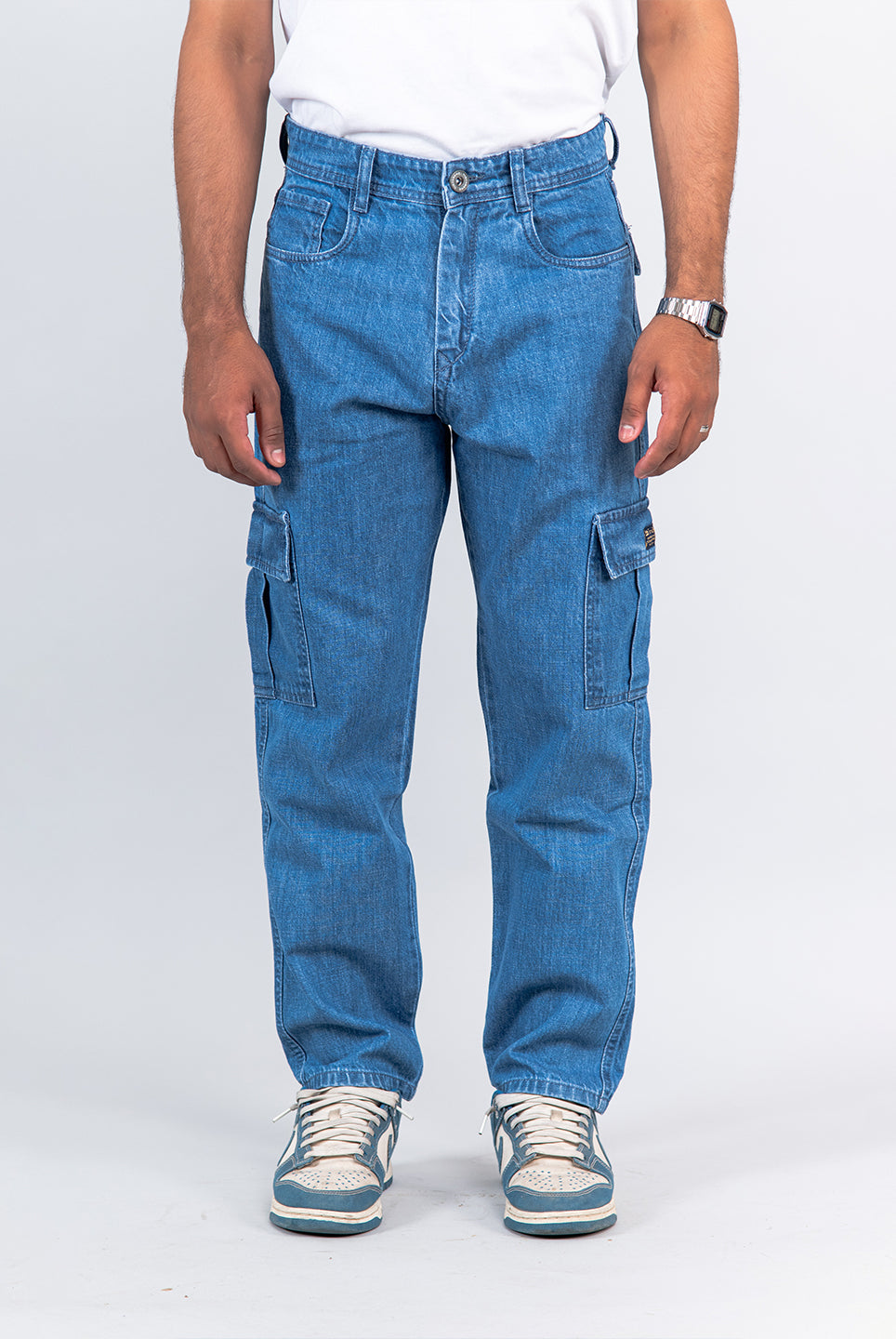 blue baggy fit cargo denim jeans