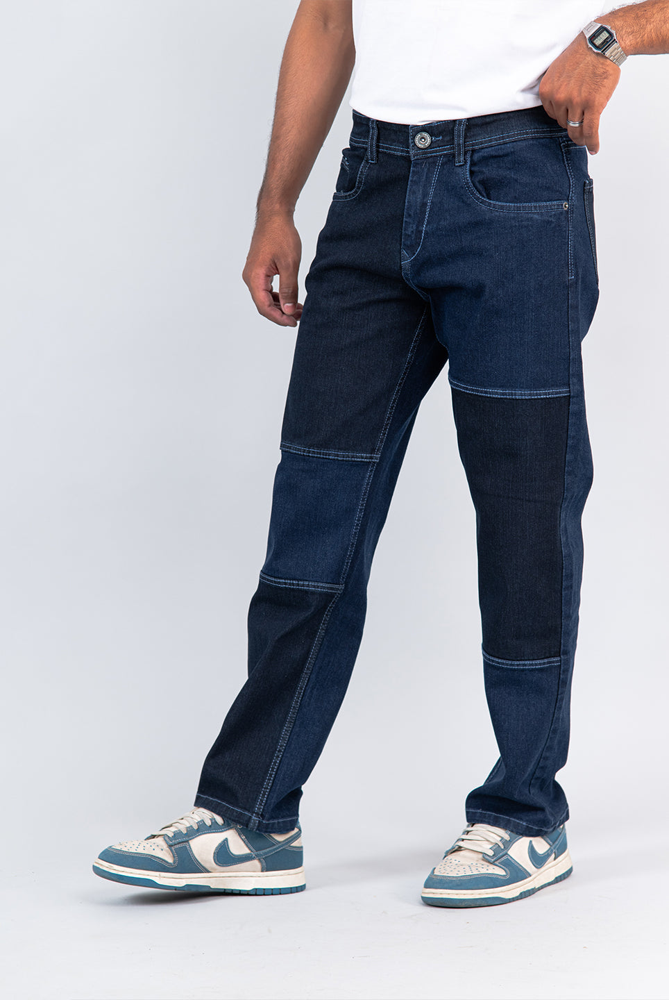 navy blue colour block straight fit denim jeans