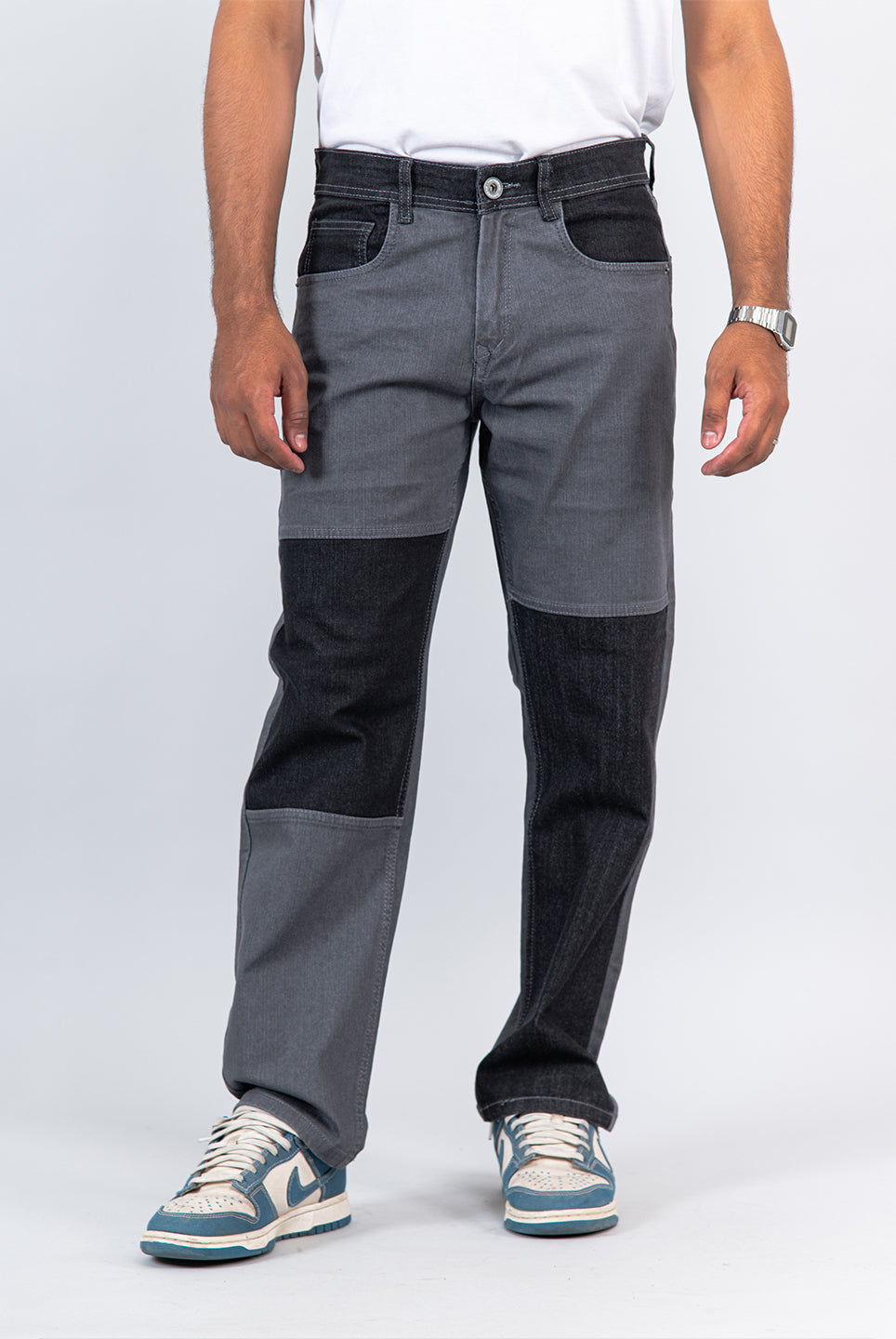 grey colour block straight fit denim jeans