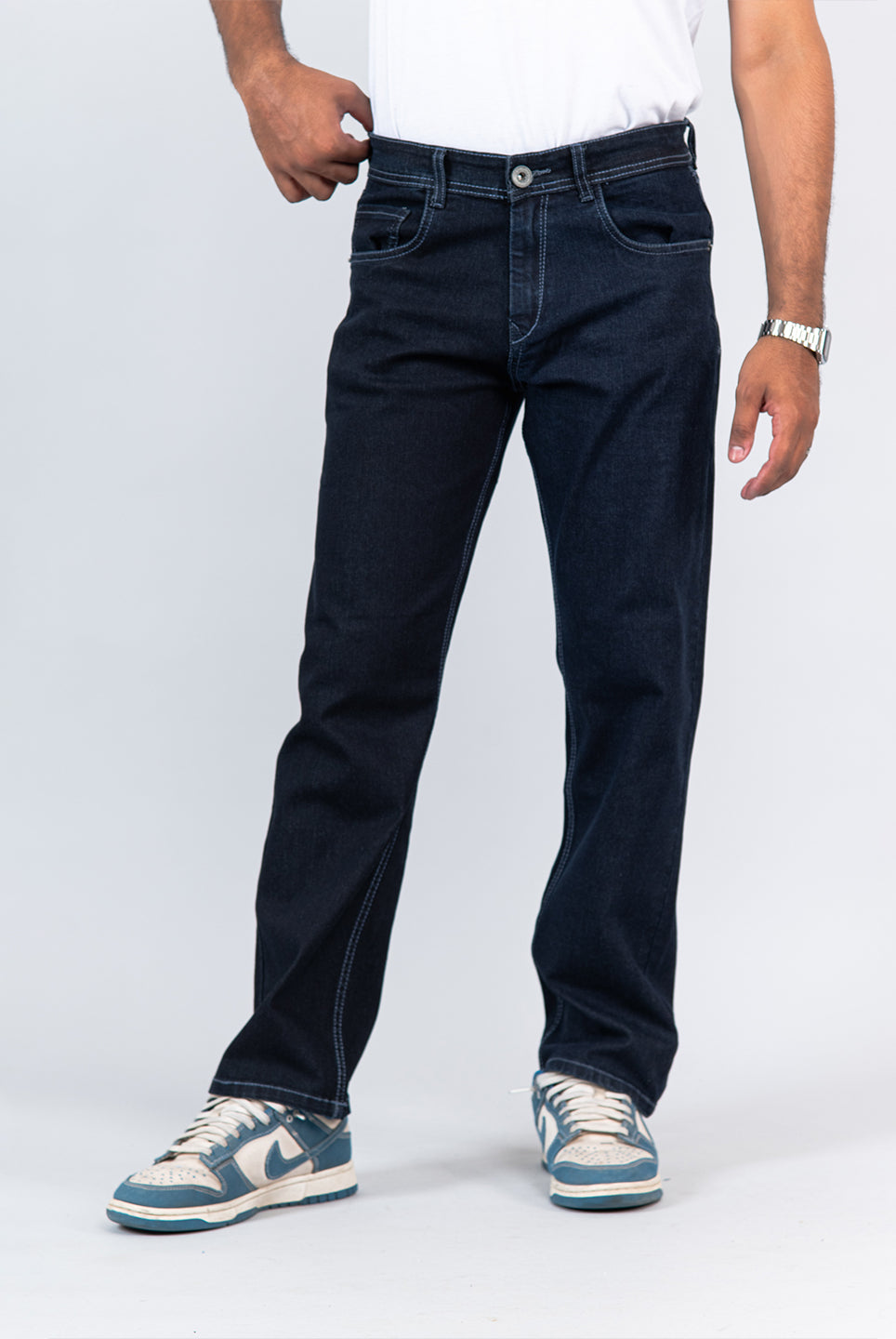  dark blue colour block straight fit denim jeans