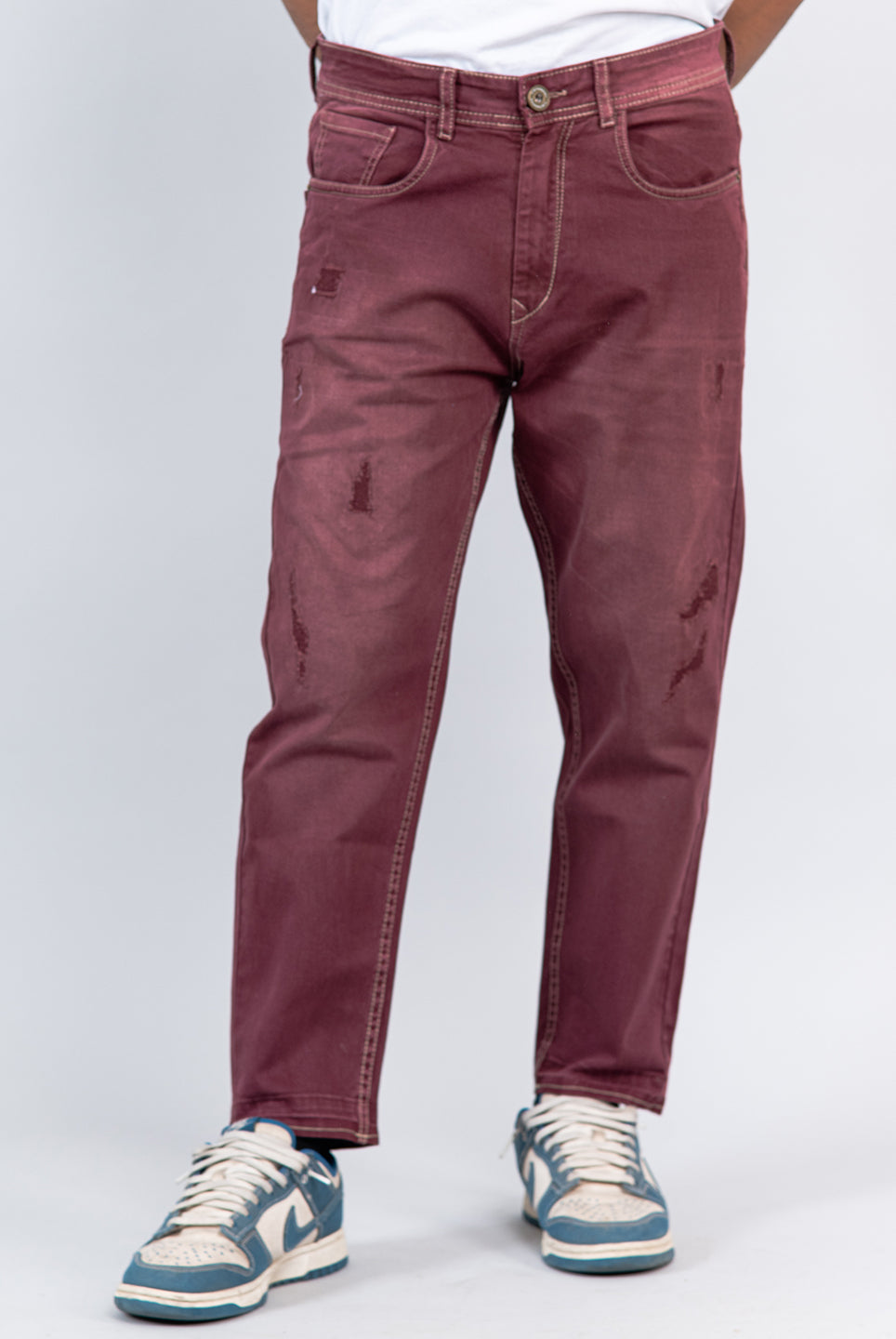 Maroon Ripped Cropped Slim Fit Mens Jeans