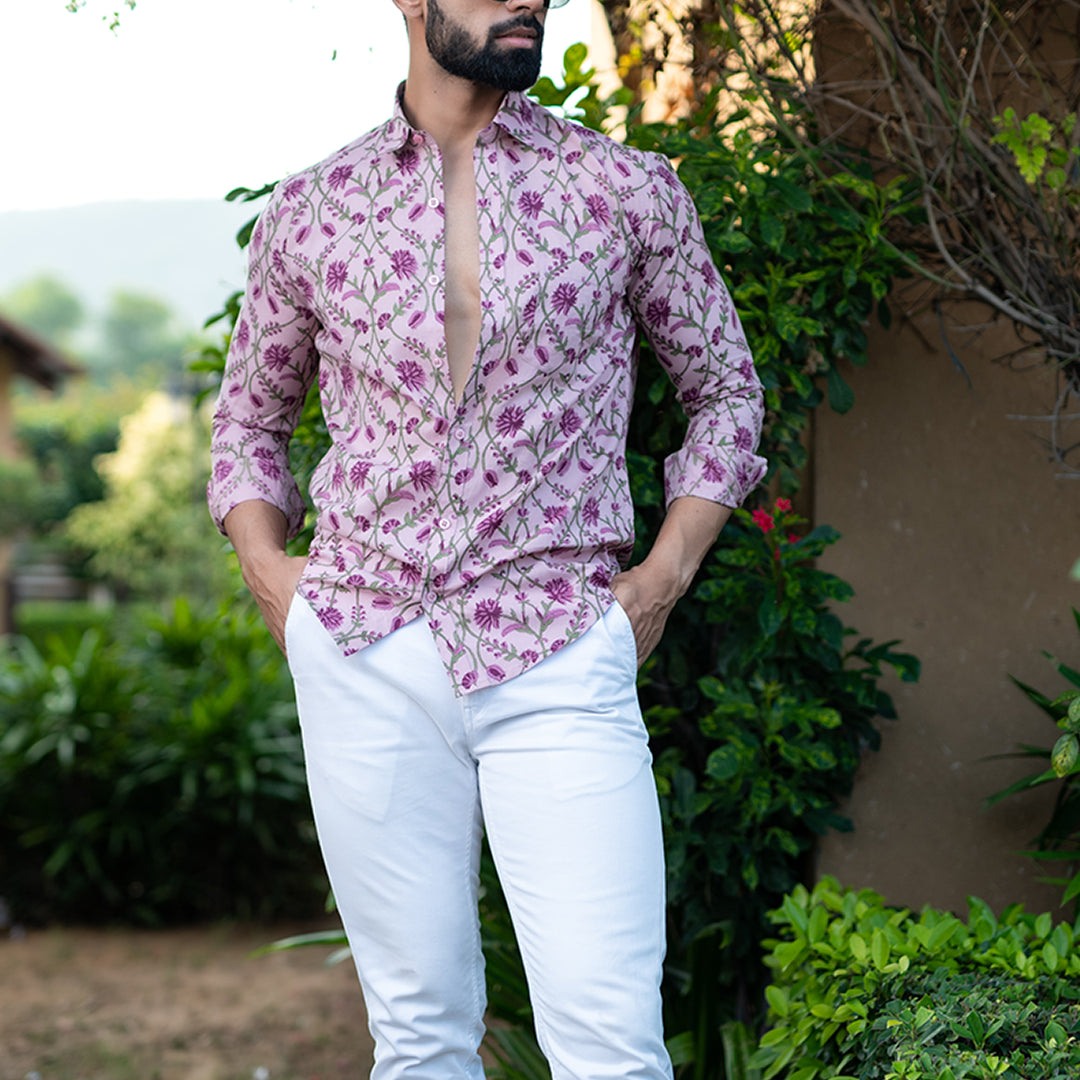 Lilac Floral Full Sleeves Cotton Printed Shirt For Men
