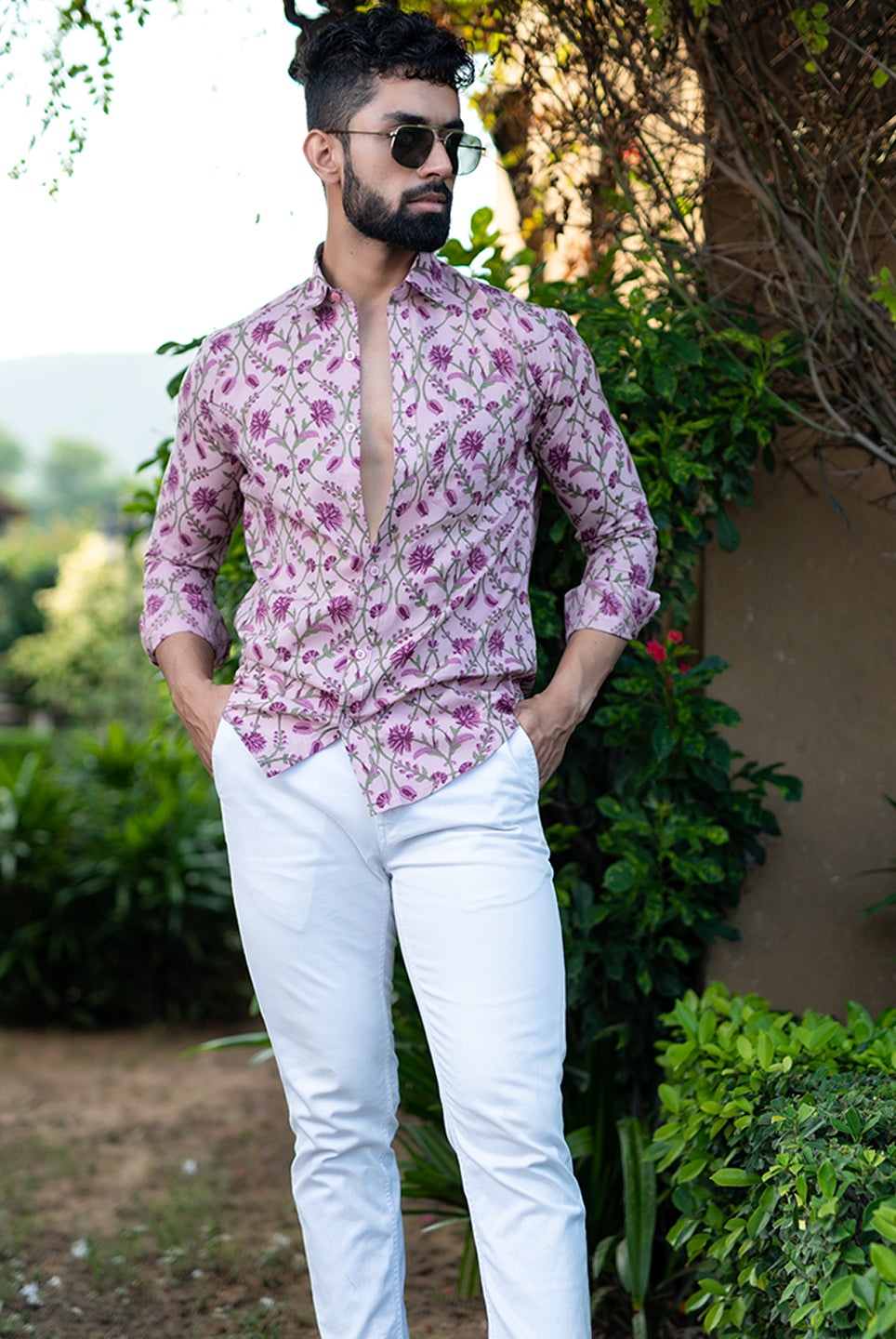 Lilac Floral Full Sleeves Cotton Printed Shirt For Men