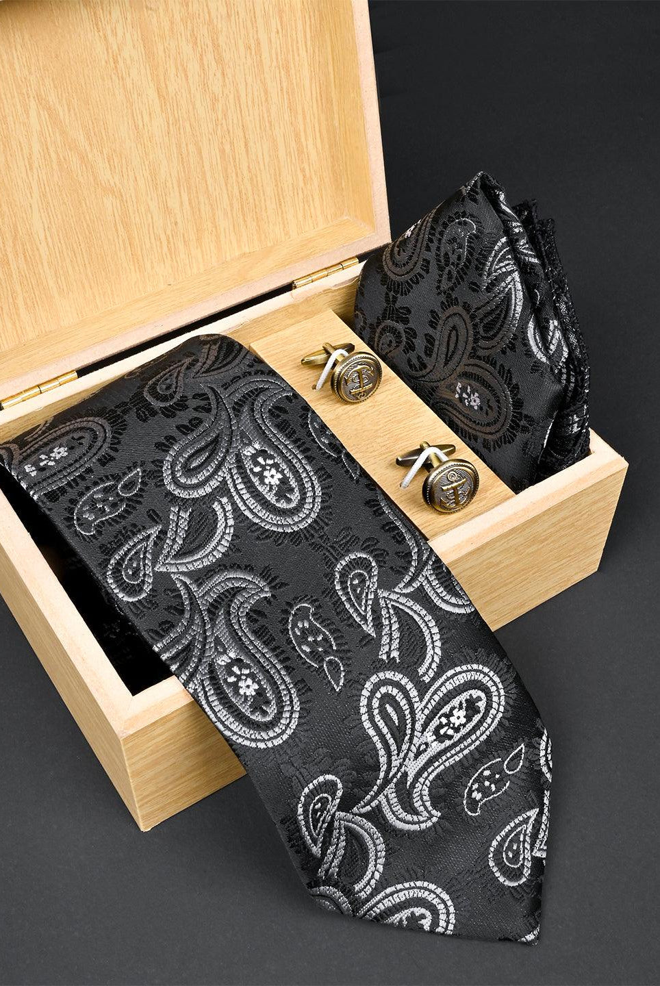 Black Paisley Micro Silk Necktie With Pocket Square & Cufflinks - Tistabene