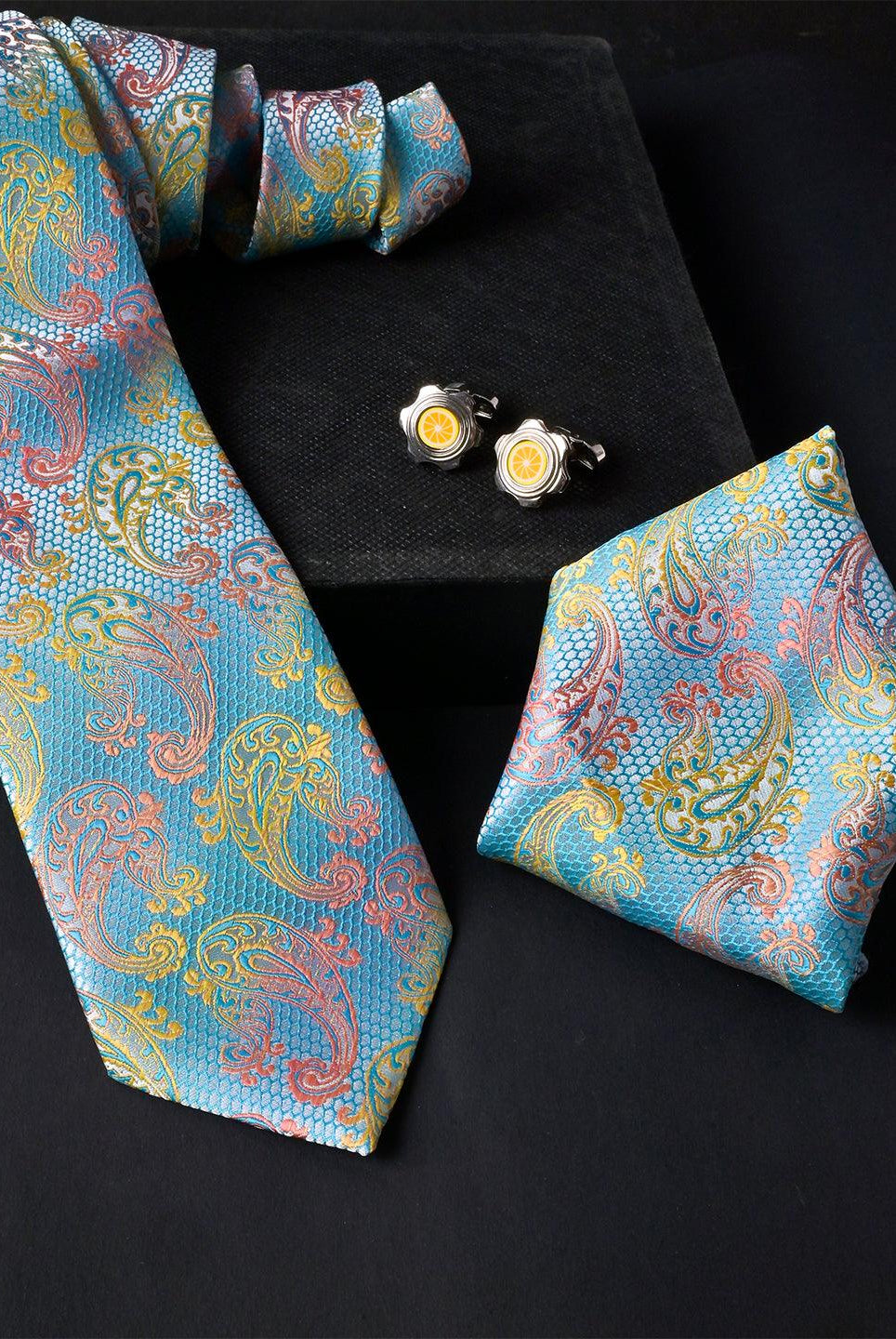 Multi Paisley Micro Silk Necktie With Pocket Square & Cufflinks - Tistabene