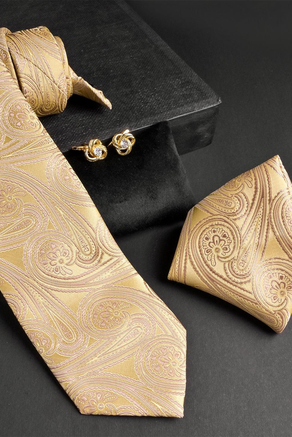 Golden Paisley Micro Silk Necktie With Pocket Square & Cufflinks - Tistabene