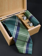 Green Checkered Micro Silk Necktie With Pocket Square & Cufflinks - Tistabene