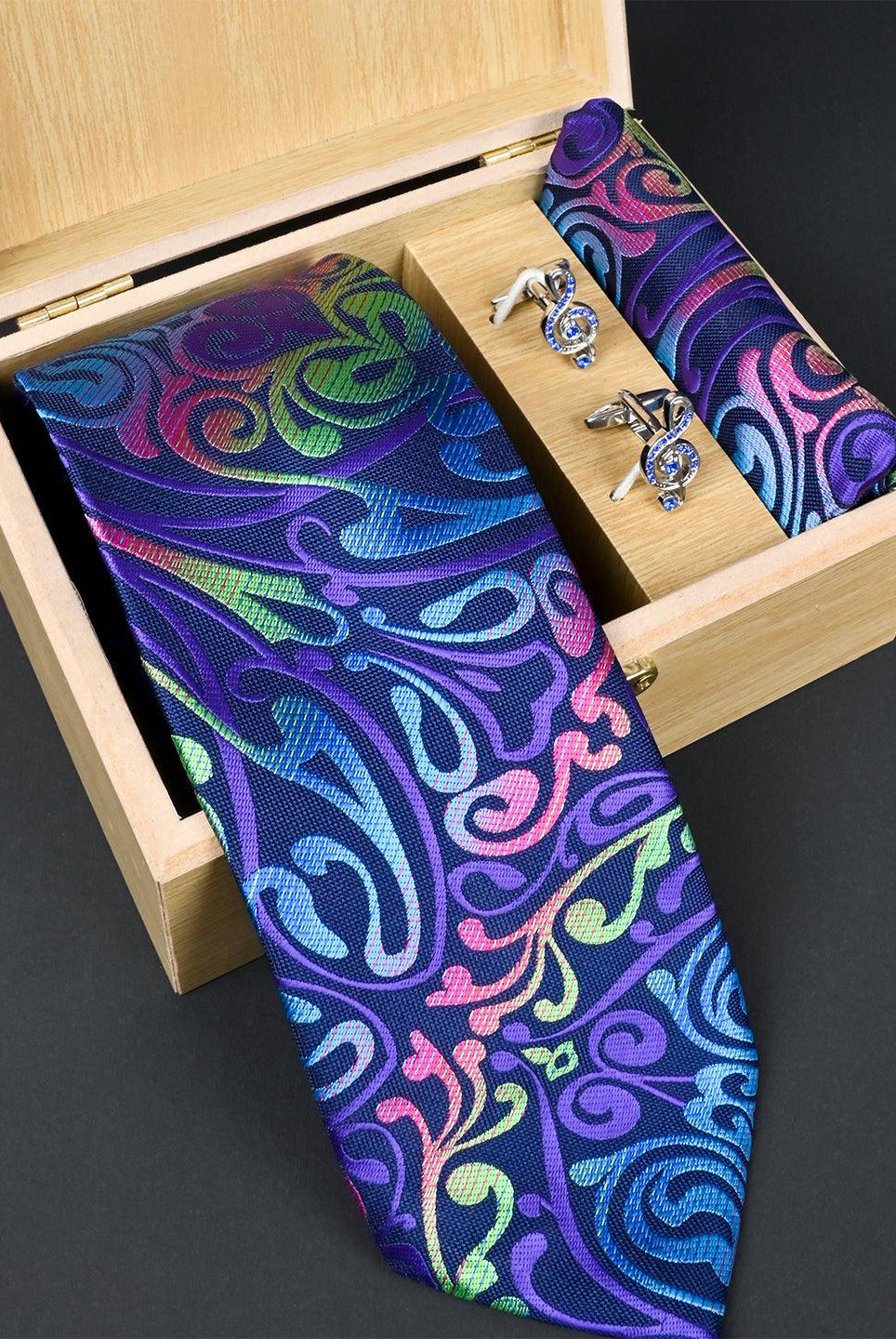 Multi Paisley Micro Silk Necktie With Pocket Square & Cufflinks - Tistabene