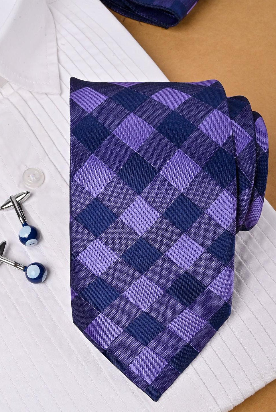 Purple Checkered Micro Silk Necktie With Pocket Square & Cufflinks - Tistabene