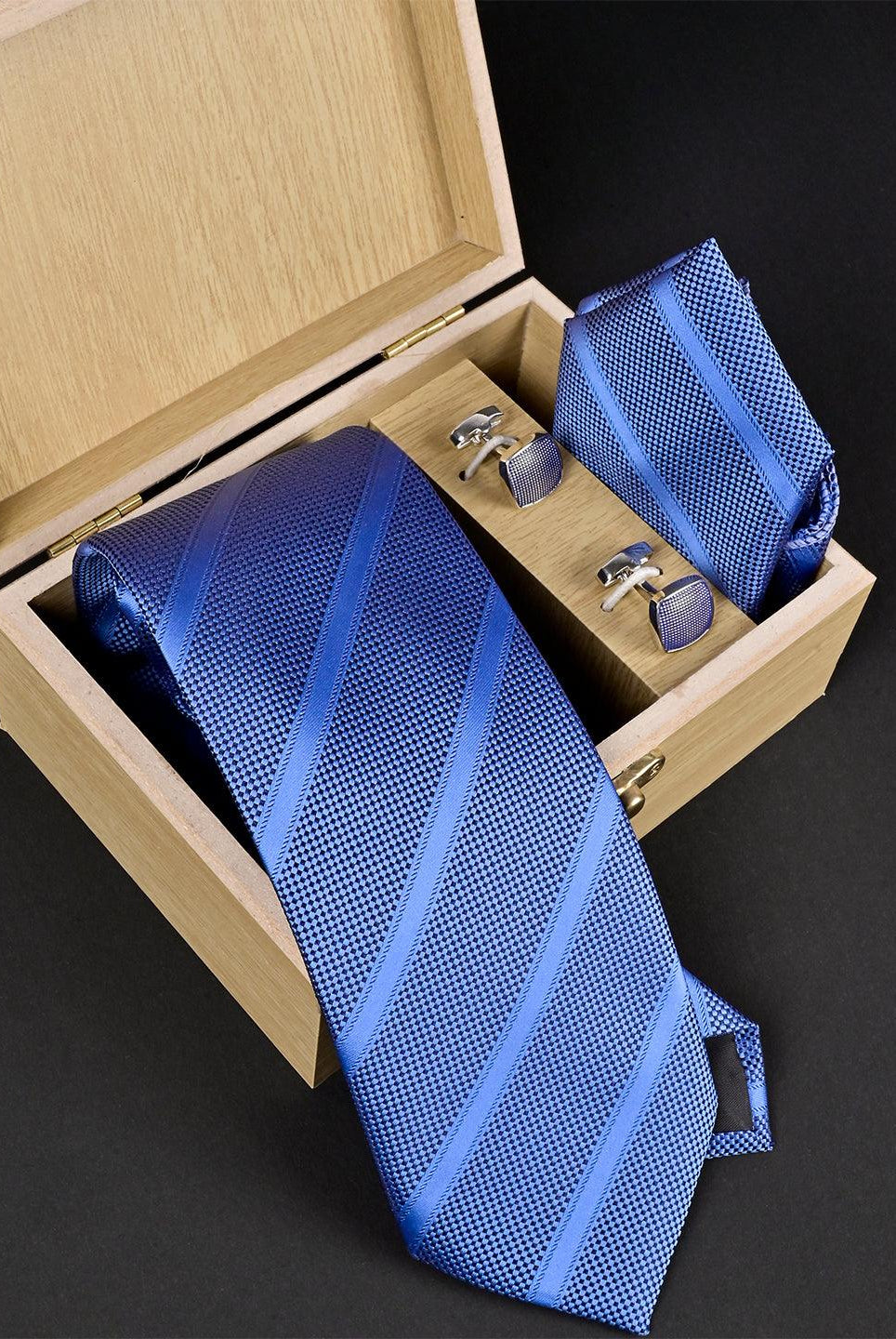 Blue Striped Micro Silk Necktie With Pocket Square & Cufflinks - Tistabene