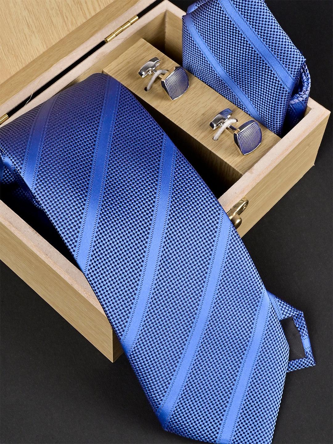 Blue Striped Micro Silk Necktie With Pocket Square & Cufflinks - Tistabene