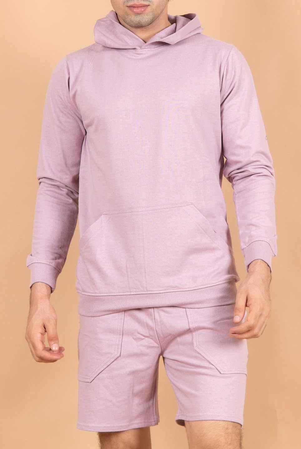 Lilac Solid Kangaroo Pattern Hoodie with Shorts Co-ord Set - Tistabene