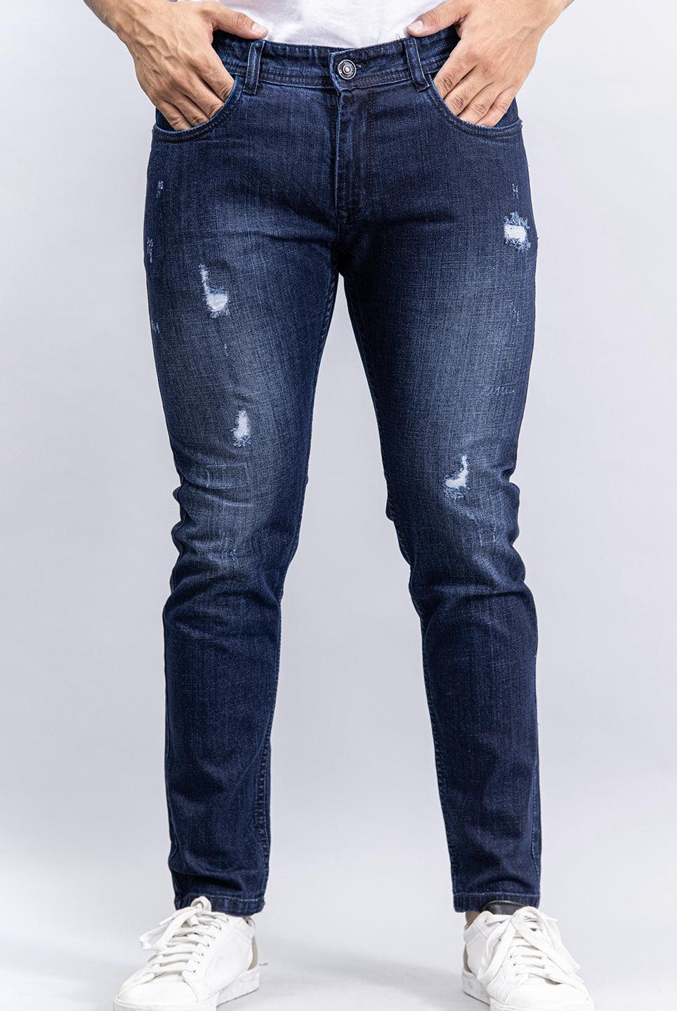 navy blue denim ankle length stretchable mens jeans
