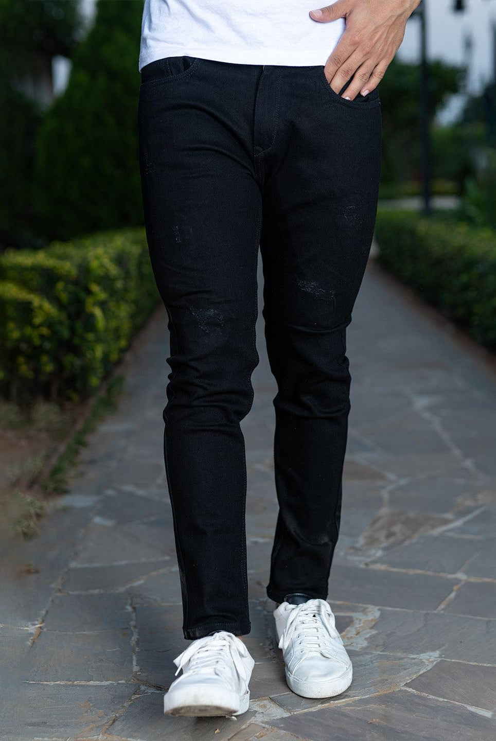 black distressed loose ankle stretchable mens jeans