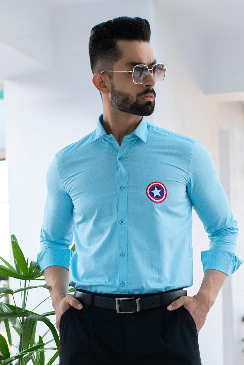 Captain America Embroidered Blue Cotton Shirt - Tistabene