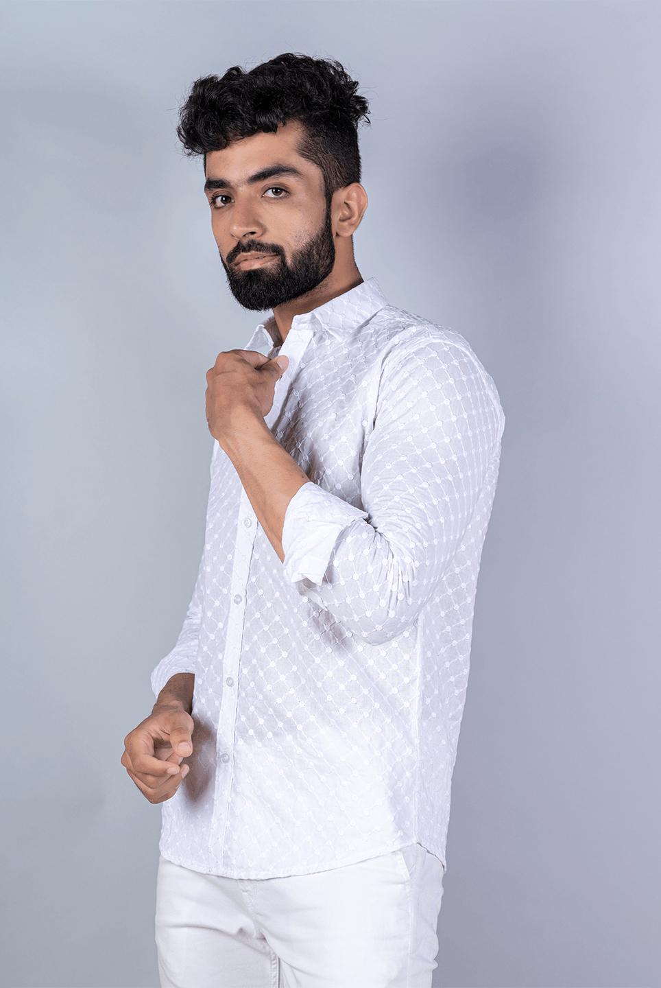 White Embroidered Full Sleeves Cotton Shirt - Tistabene