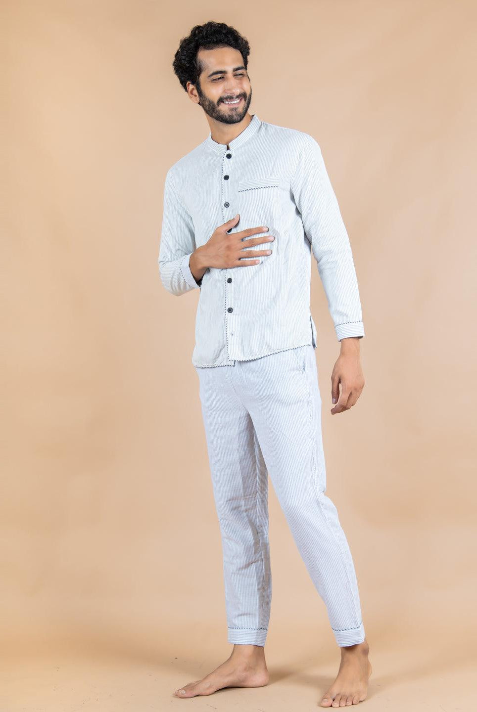 Mandarin Collar 3 Layer Mulmul Night Suit - Tistabene