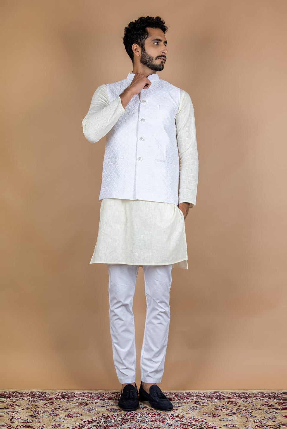 White Chikankari Nehru Jacket - Tistabene