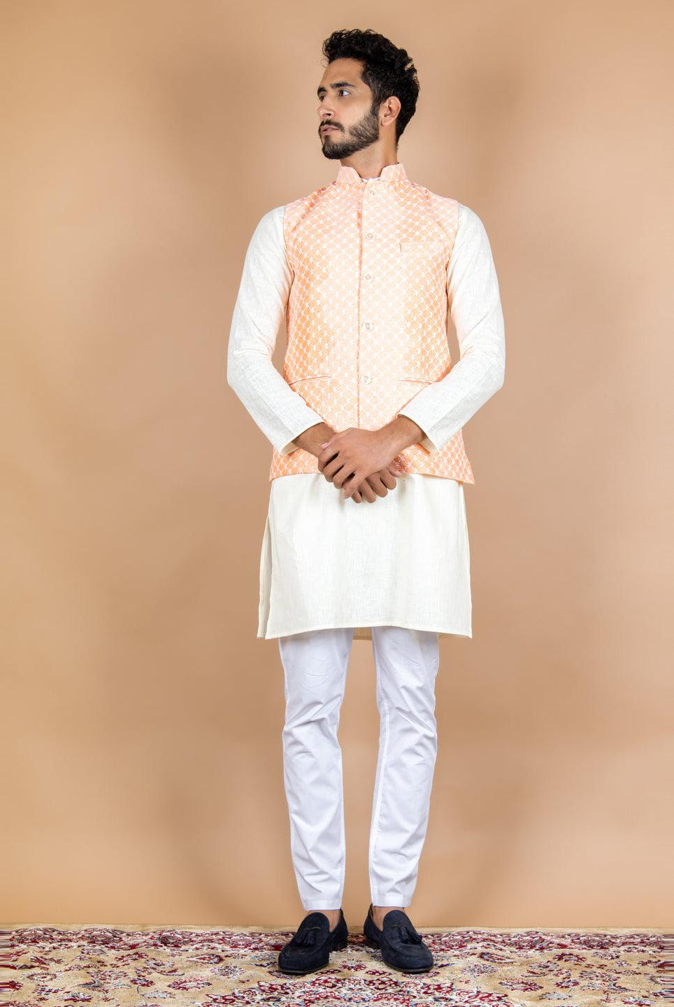 Peach Chikankari Nehru Jacket - Tistabene