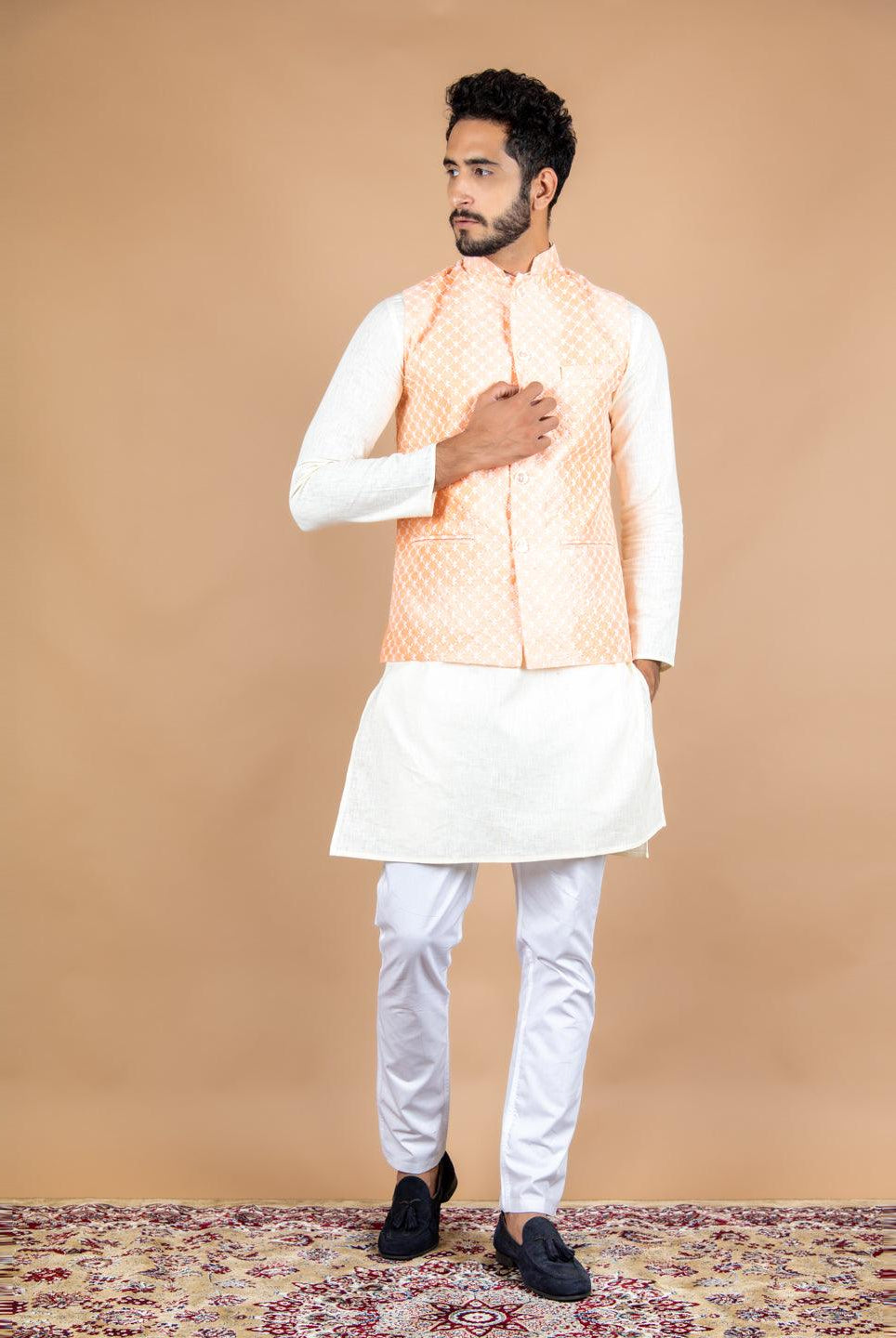 Peach Chikankari Nehru Jacket - Tistabene