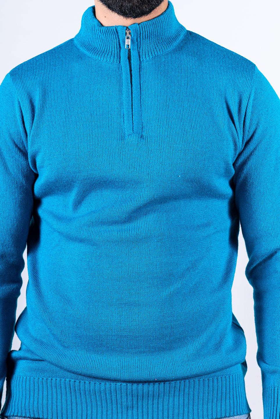 Teal Blue Color Classic Zipper Men's Sweater - Tistabene