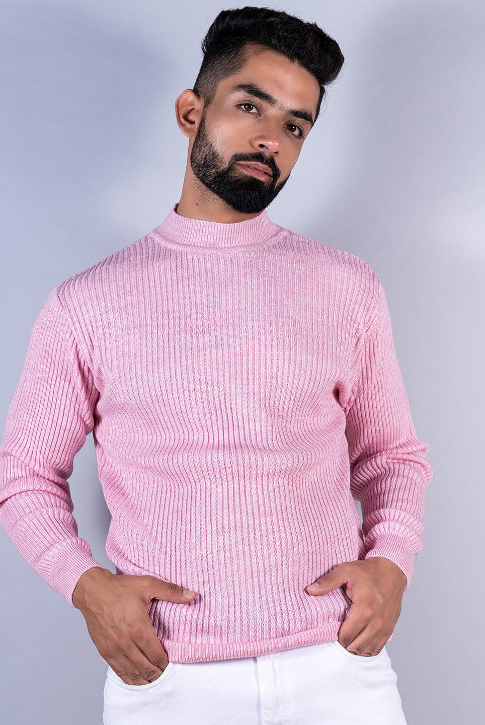 Light Pink Color Turtle Neck Men's Sweater - Tistabene