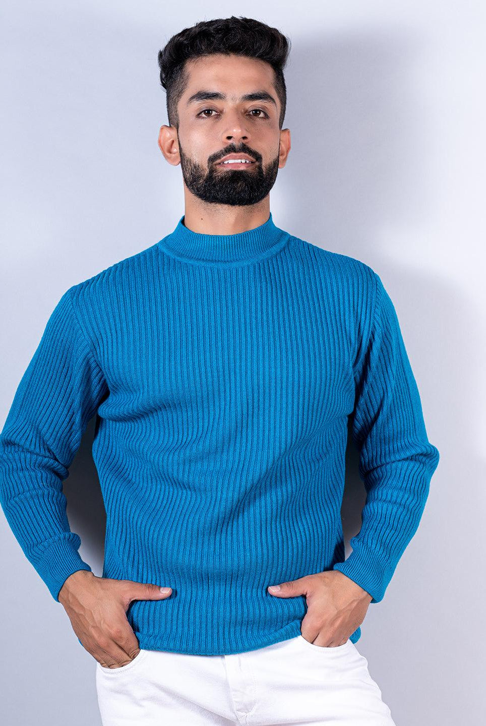 Teal Blue Color Turtle Neck Men's Sweater - Tistabene
