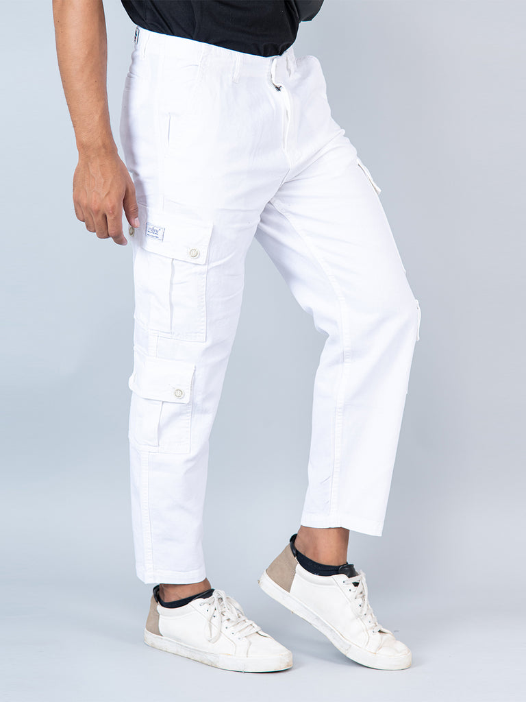 White Matty Linen Non Lycra Mens Cargo Pants - Tistabene