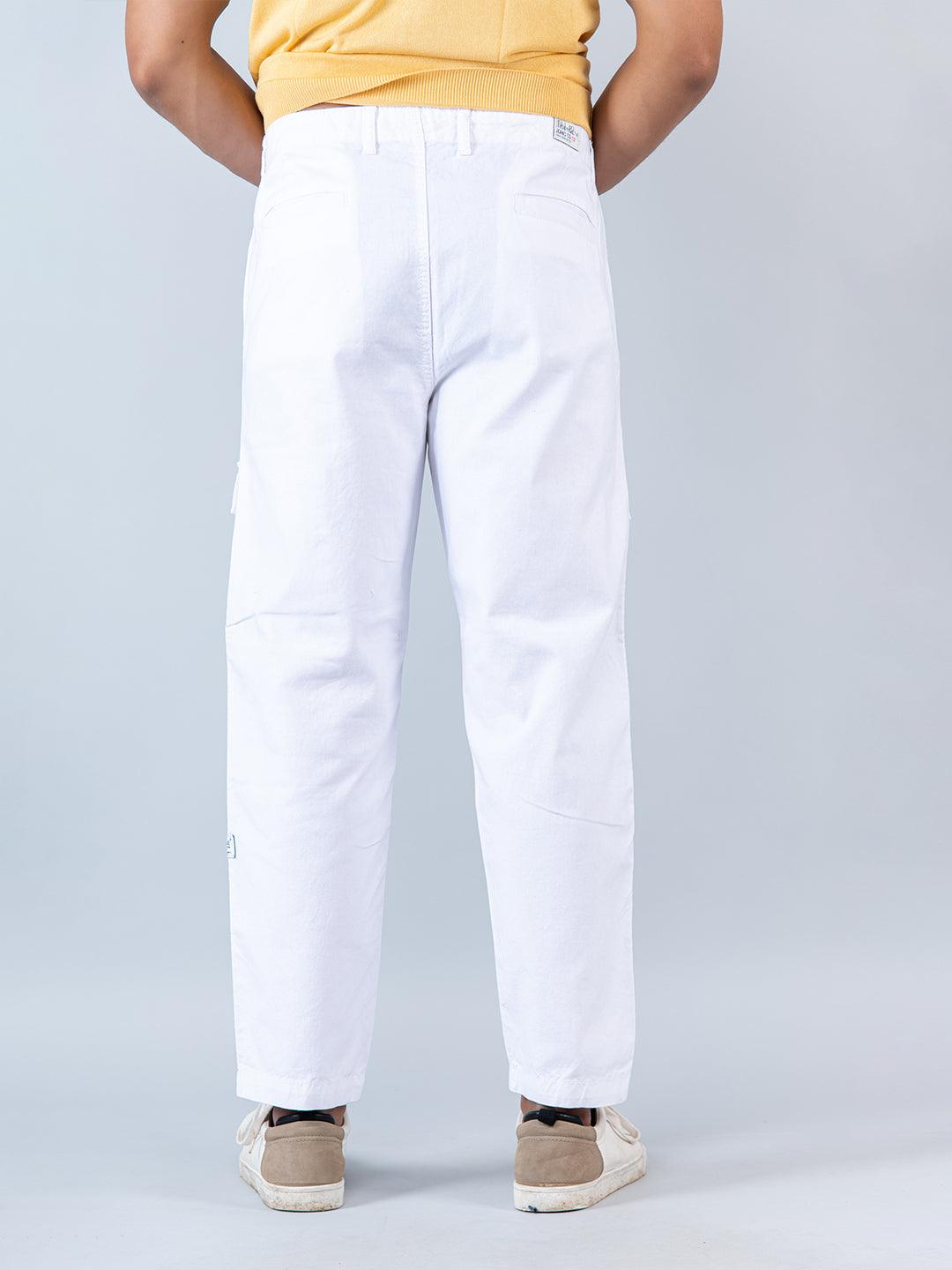 White Baggy Fit Linen Cargo Pants - Tistabene
