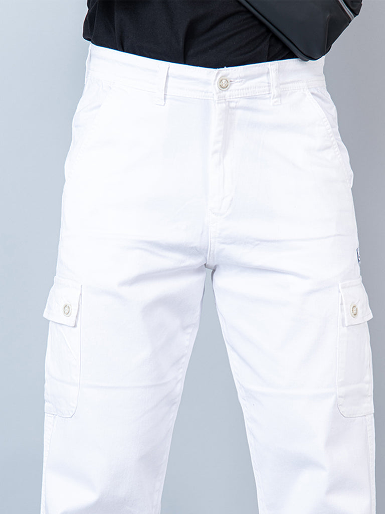 White Baggy Fit Chinos Cotton Cargo Pants - Tistabene