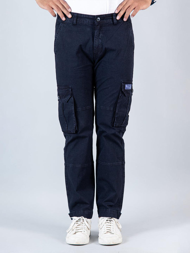 Navy Blue Ribcage Cotton Cargo Pants - Tistabene