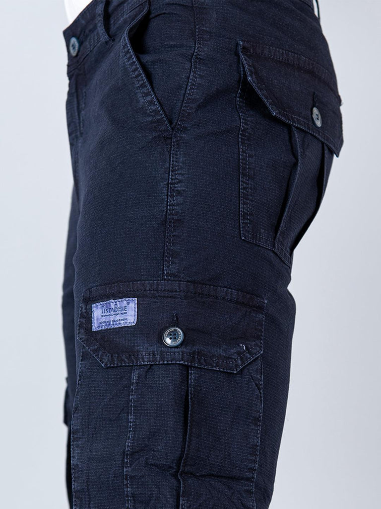 Navy Blue Ribcage Cotton Cargo Pants - Tistabene