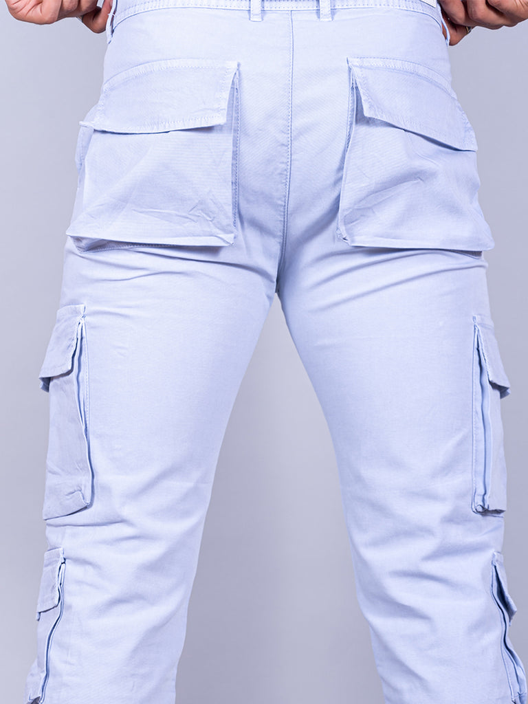 Powder Blue Matty Linen Lycra Mens Cargo Pants - Tistabene