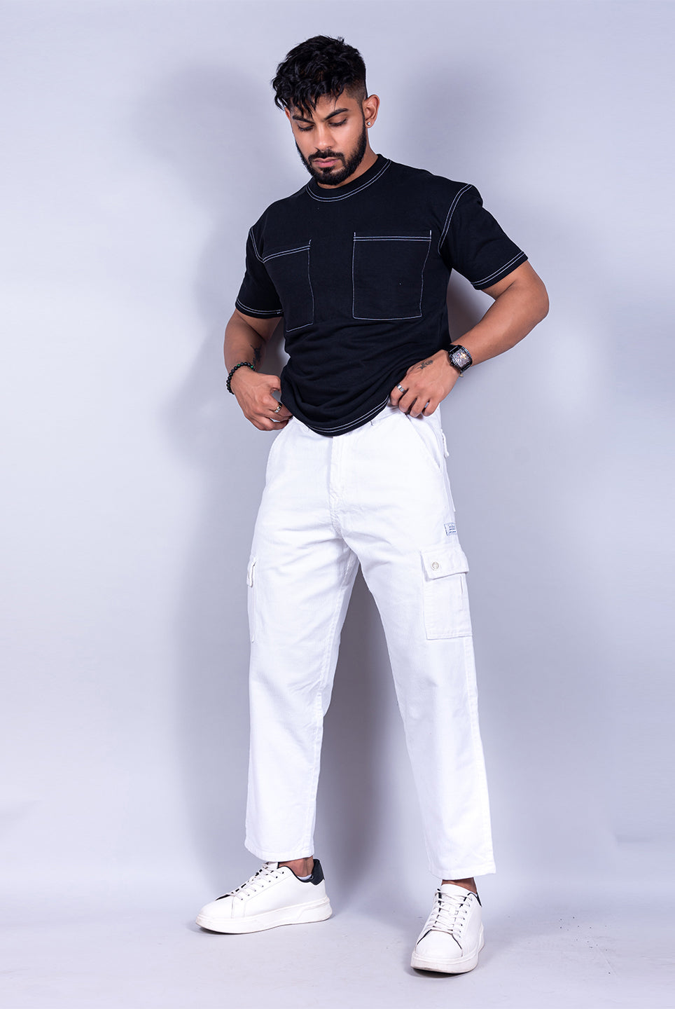 midnight white baggy fit corduroy cargo pants