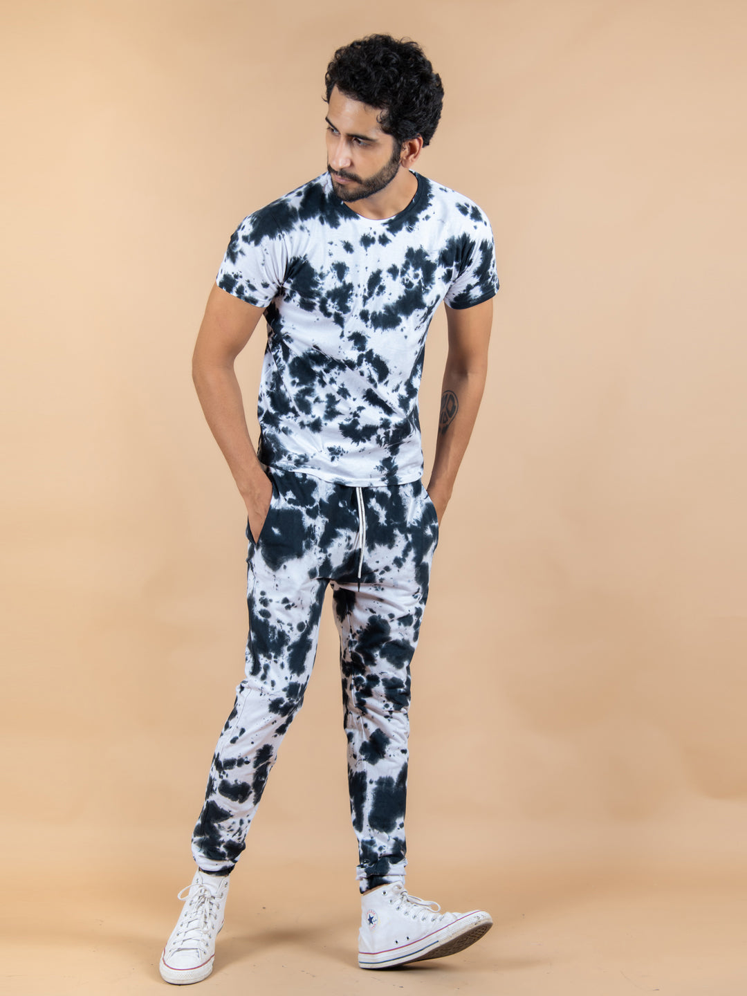 White and Black Tie and Dye T-shirt and Joggers