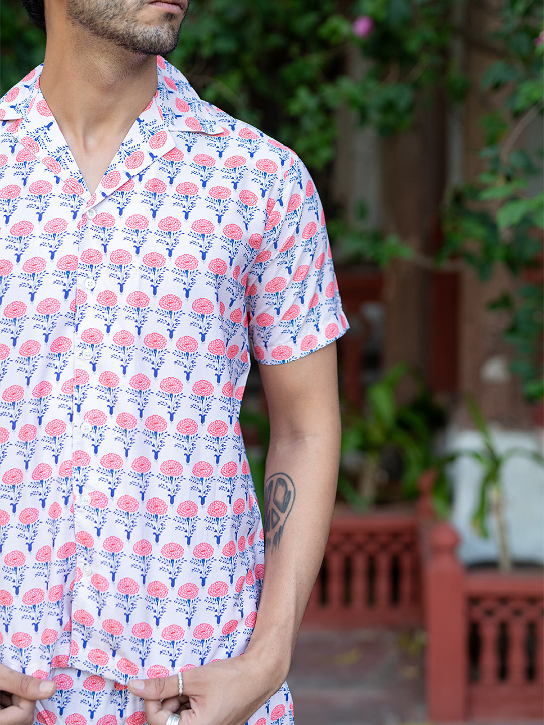 Men's Graphic Cuban Collar Black Co-Ords Set