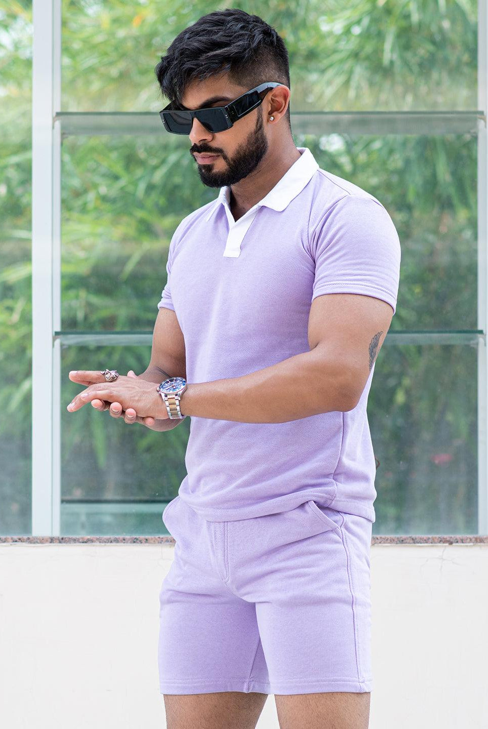 Solid Lavender Polo Neck T-shirt & Shorts Co-ord Set - Tistabene