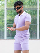 Solid Lavender Polo Neck T-shirt & Shorts Co-ord Set - Tistabene