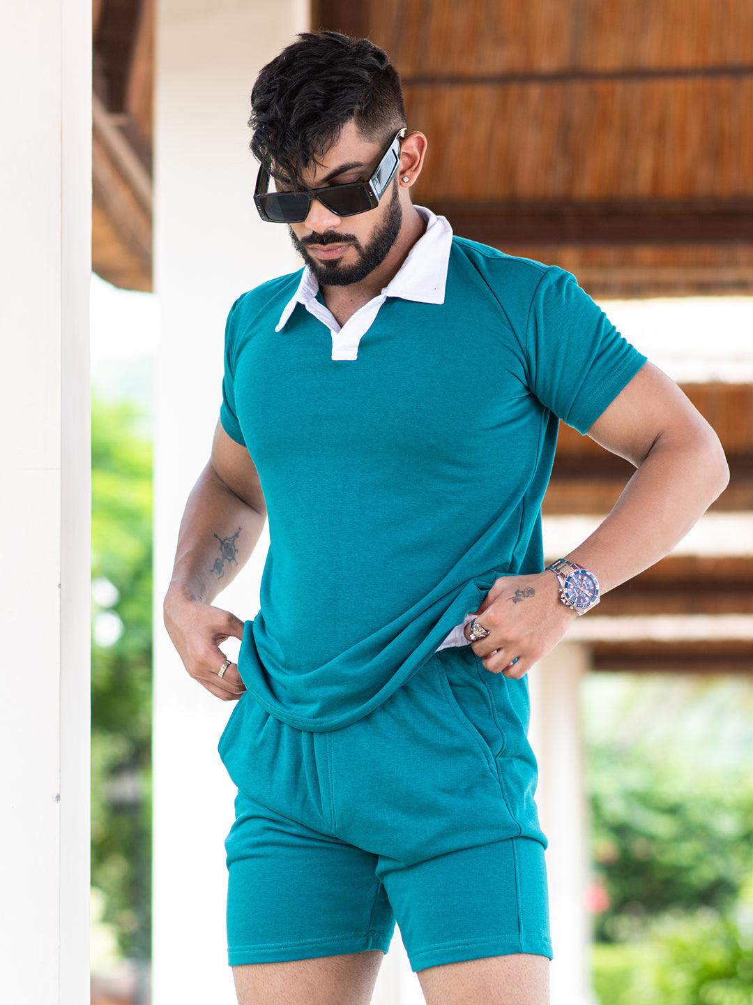 Solid Teal Blue Polo Neck T-shirt & Shorts Co-ord Set - Tistabene