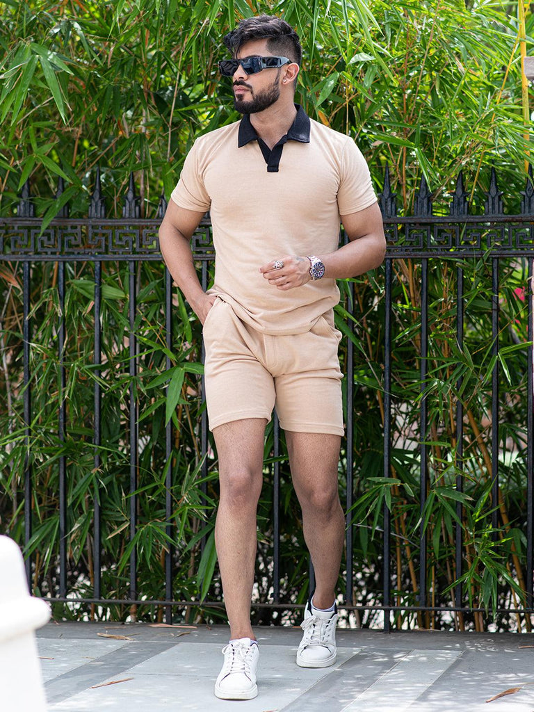 Solid Light Brown Polo Neck T-shirt & Shorts Co-ord Set - Tistabene
