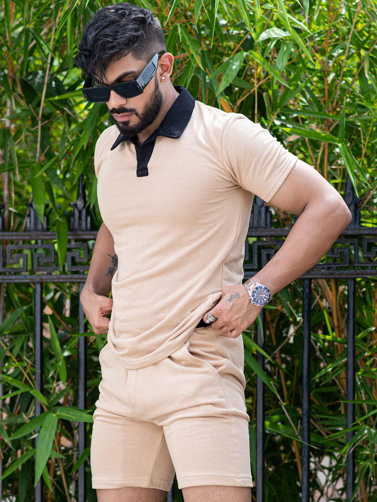 Solid Light Brown Polo Neck T-shirt & Shorts Co-ord Set - Tistabene