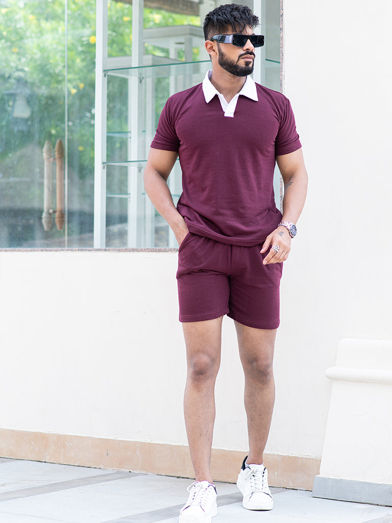 Solid Burgundy Polo Neck T-shirt & Shorts Co-ord Set - Tistabene