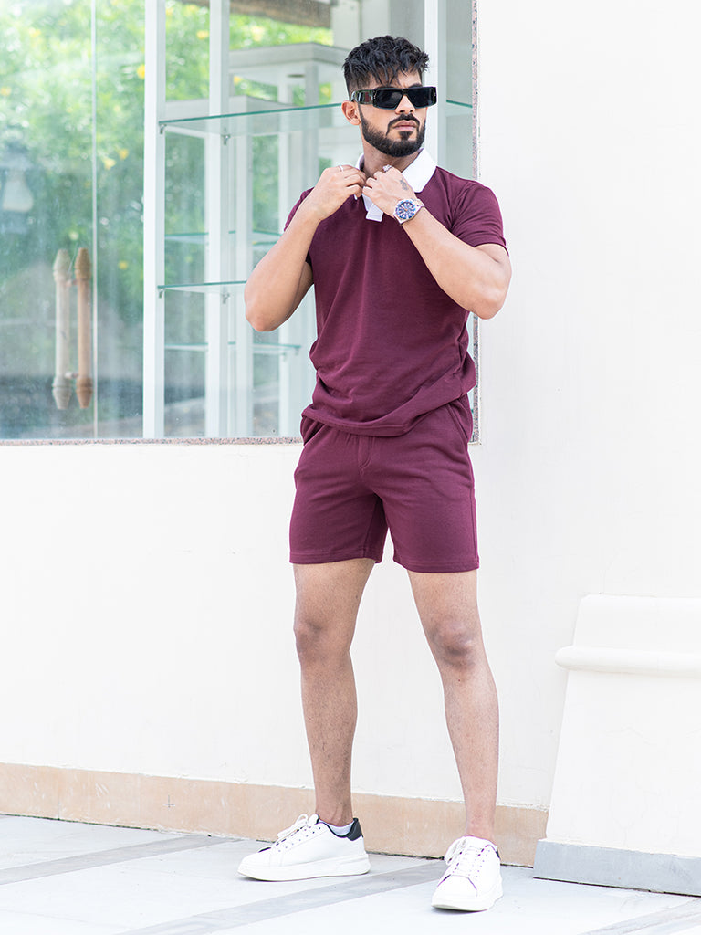 Solid Burgundy Polo Neck T-shirt & Shorts Co-ord Set - Tistabene