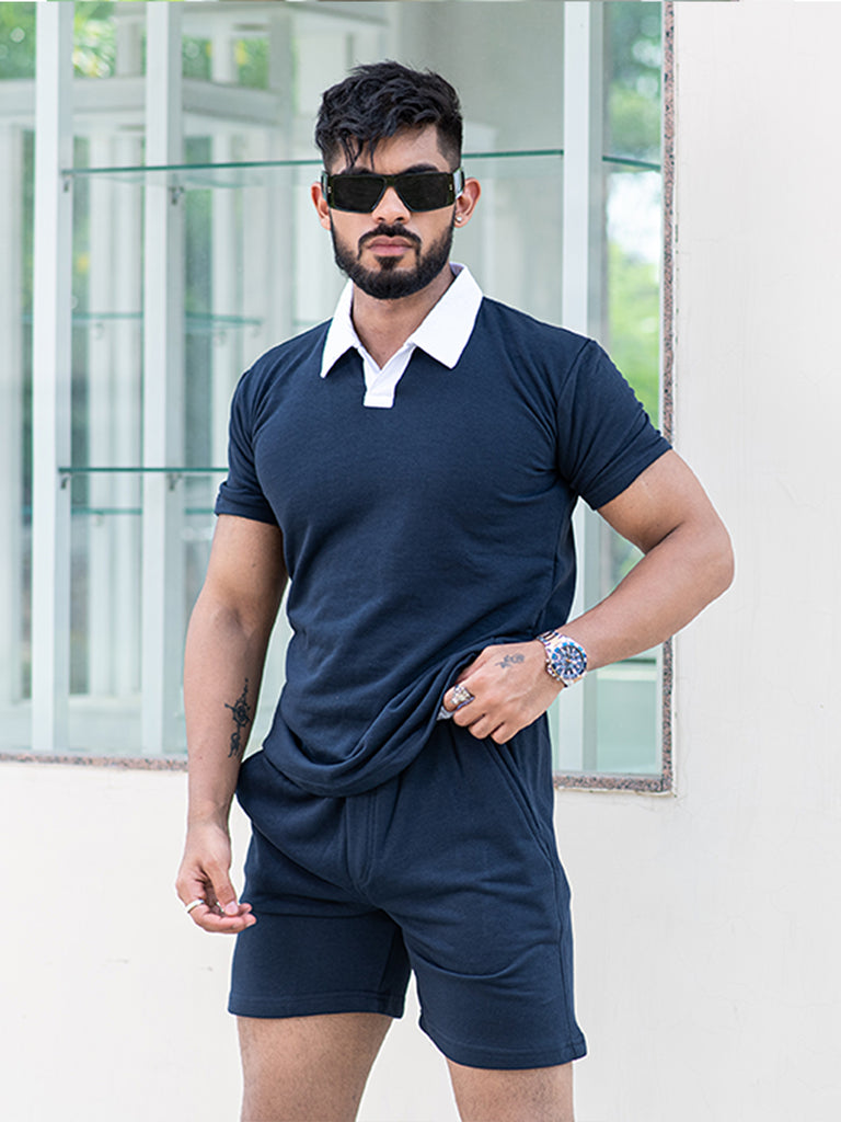 Solid Blue Polo Neck T-shirt & Shorts Co-ord Set - Tistabene